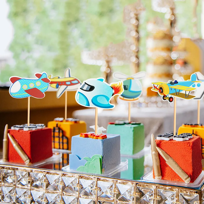 Figuras de cupcakes de avi&oacute;n de 12 Uds., Decoraci&oacute;n de Pastel de tem&aacute;tica de reconocimiento de g&eacute;nero para el beb&eacute; de helic&oacute;ptero para fiesta de bodas, suministros de fiesta de cumplea&ntilde;os-5