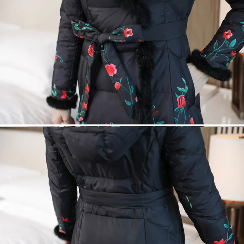

2021 New Winter Coat Women Long Loose Coat Thicken Warm Cotton Padded Jackets Ladies Hooded Flower print down jacket With Belt