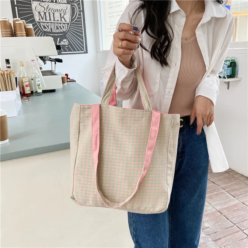 

Korean Plaid Shoulder Bag Dual-use Canvas Tote Women Simple Sling Bags Girl Casual Handbag High Quality Crossbody Bags 2021 New
