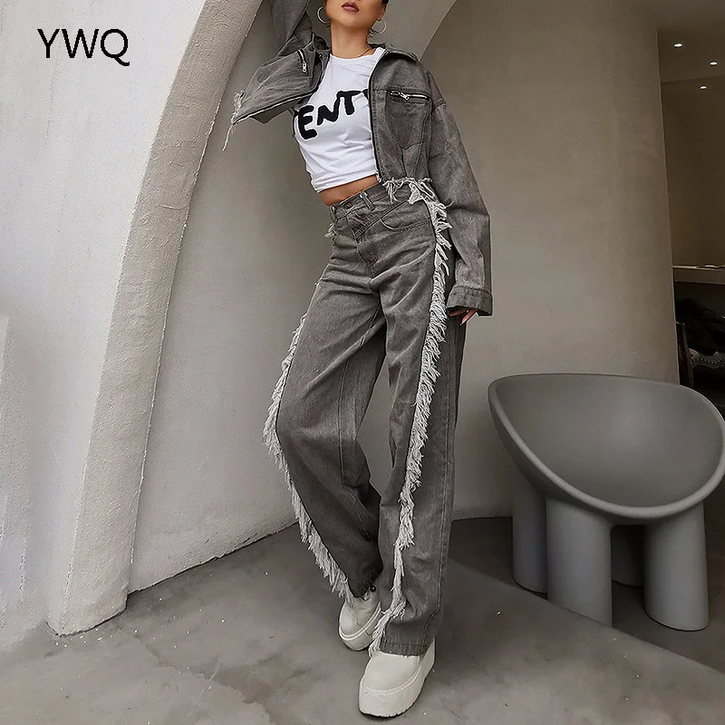 

Женский джинсовый костюм с кисточками и отложным воротником, в стиле пэчворк