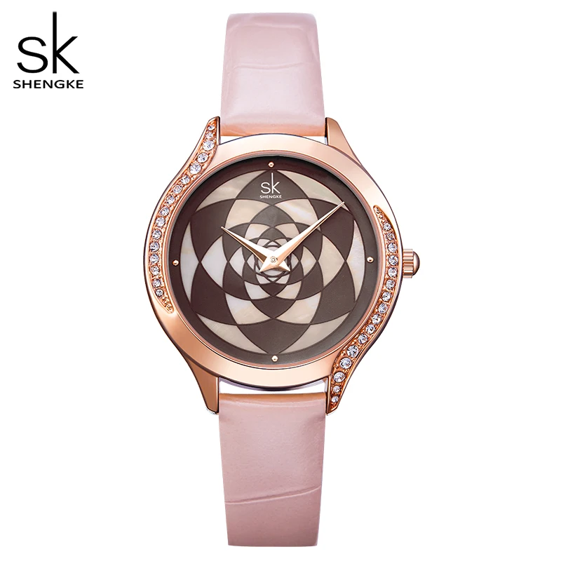 

Часы ShengKe женские с кожаным ремешком, роскошные розовые кварцевые модные наручные, с кристаллическим циферблатом, в японском стиле, SK