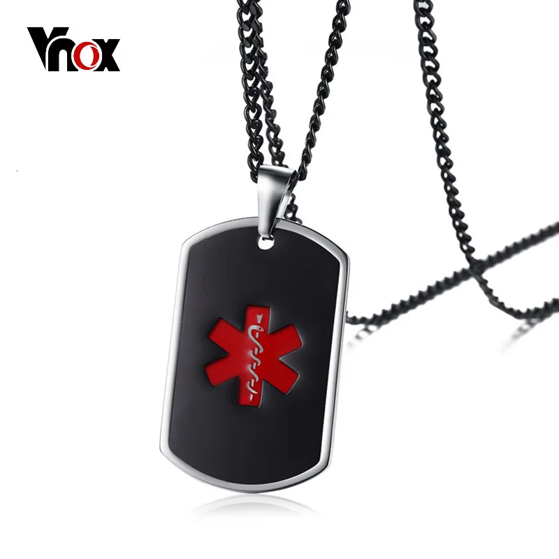 Vnox, черный медицинский сигнал, ID, унисекс подвес, ожерелье, аварийное, нержавеющая сталь, ювелирное изделие, 24 дюйма, цепочка, гравировка