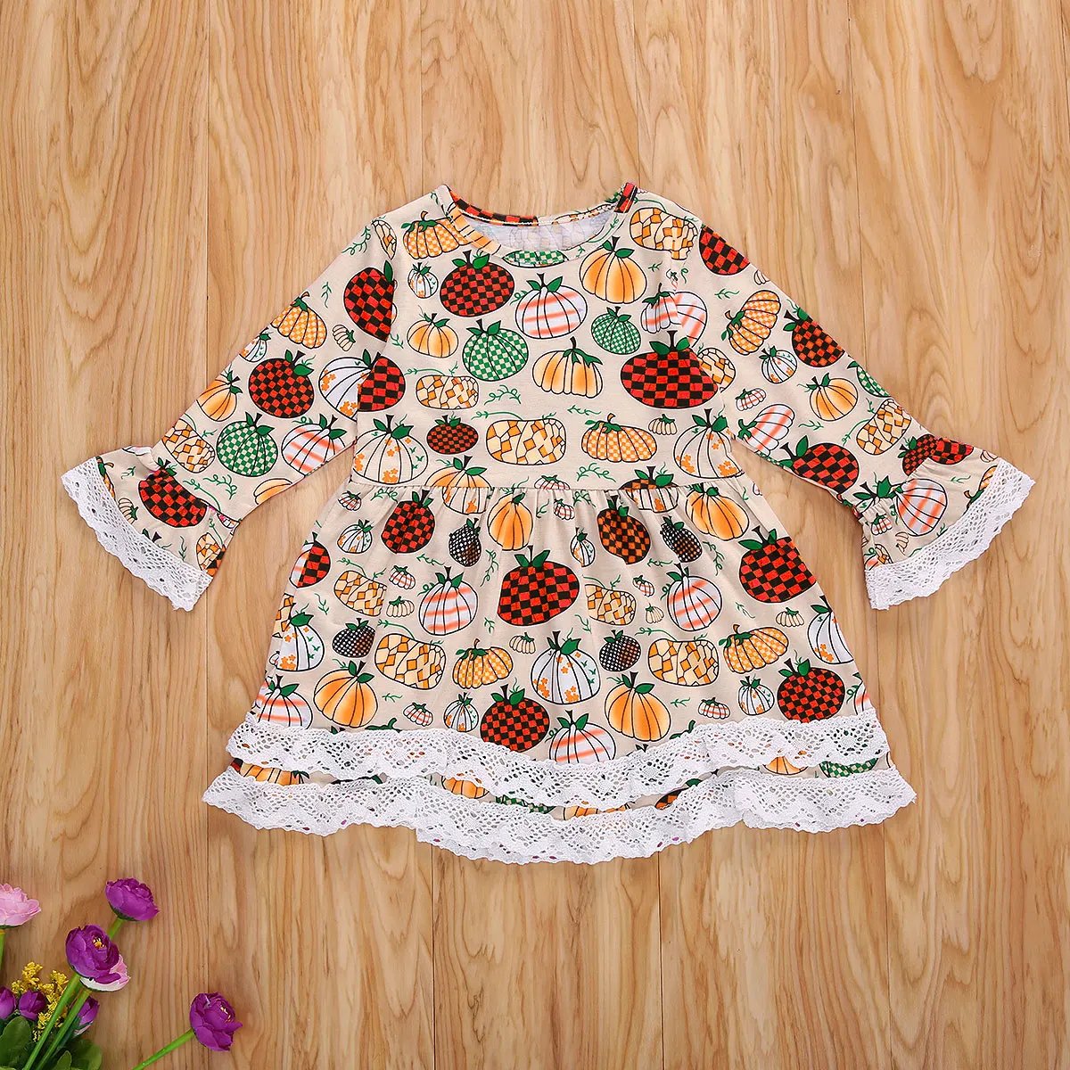 

Halloween Baby Girls Clothing Cotton Long Sleeve Round Neck Dress Cartoon Pumpkin Print Lace-up Ruffle Dresses