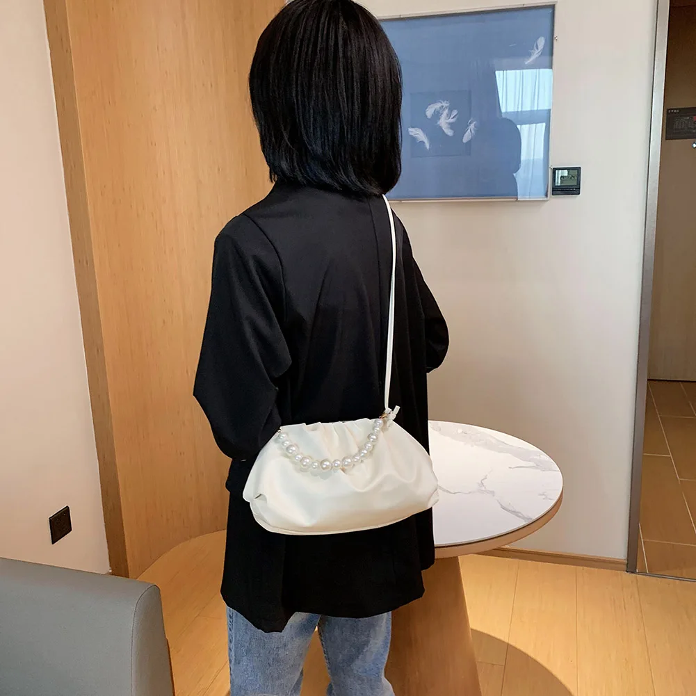 Portable Women Pearl Handbag Tote PU Leather Lady Solid Color Cloud Shoulder Bag Youth Ladies Simple Versatile | Багаж и сумки