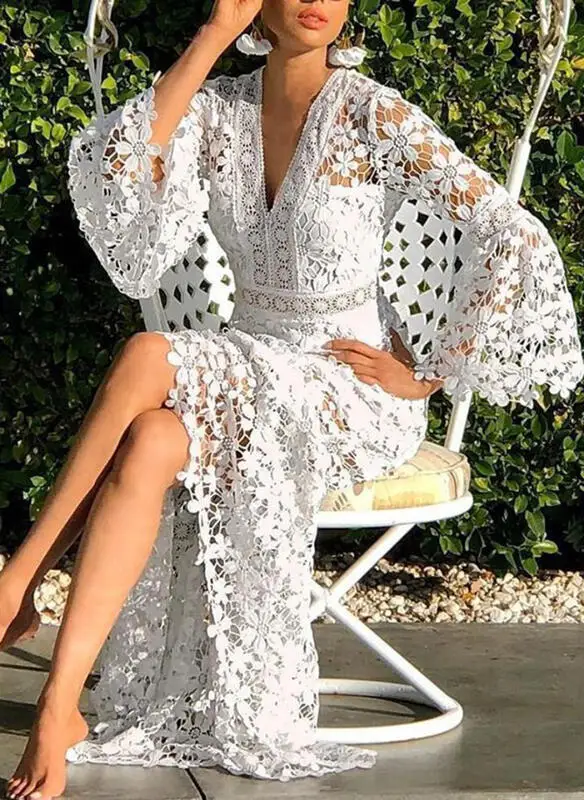 

Lugentolo Hollow Out Sexy Dress Women Summer Fashion Flared Sleeves V-neck Solid Color A-Line Womens Maxi Dresss