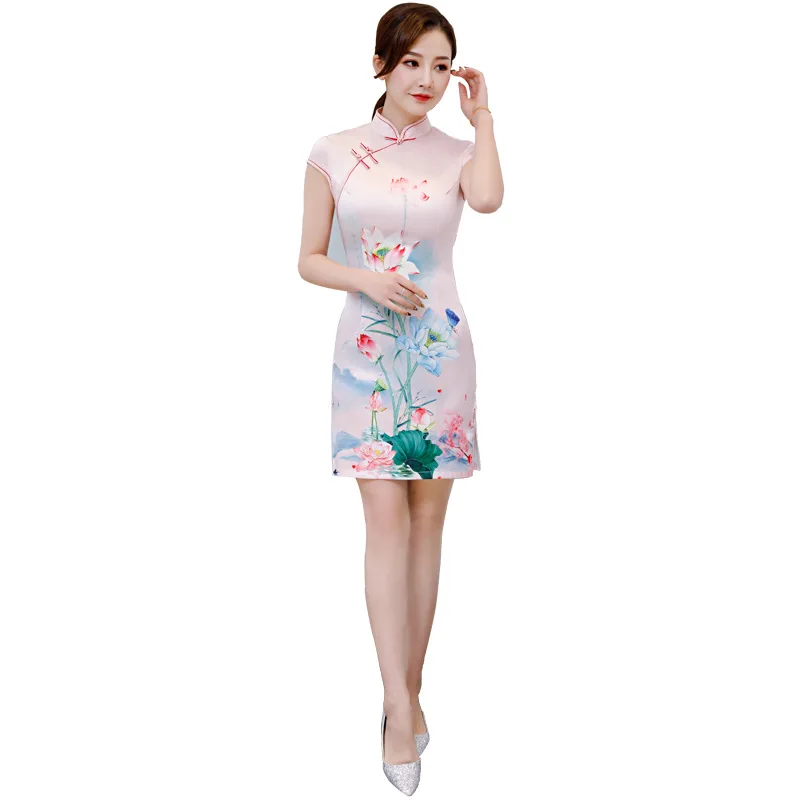 

Bride Wedding Party Print Lotus Lady Cheongsam Short Sleeve Satin Short Straight Qipao Skirt 2021 Summer Chinese Dress Prom Gown