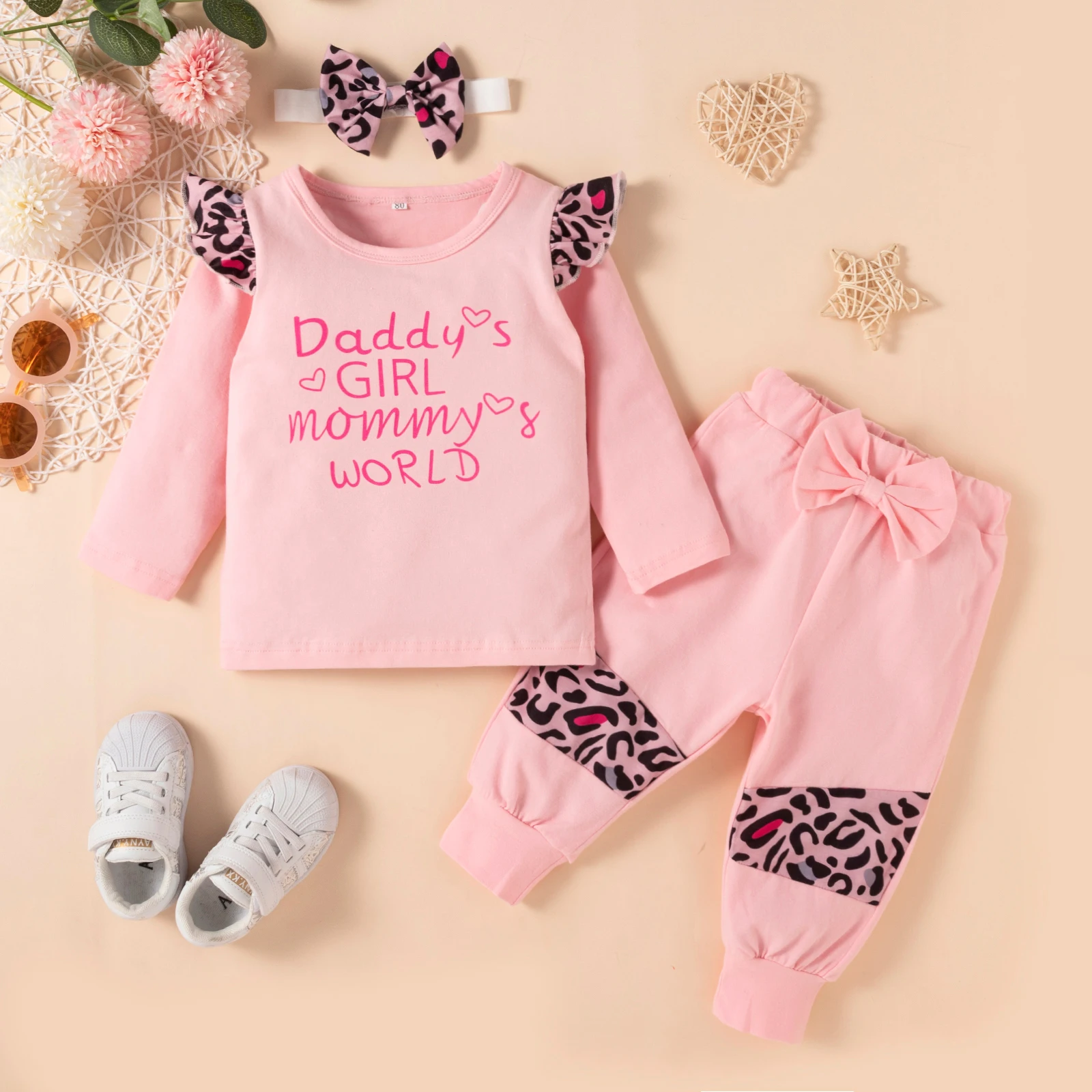 

Одежда для новорожденных Emmababy, 3 шт., Осенний пуловер с длинным рукавом и круглым вырезом, с оборками и буквенным принтом, топы + брюки + повязка на голову 0-24 мес.