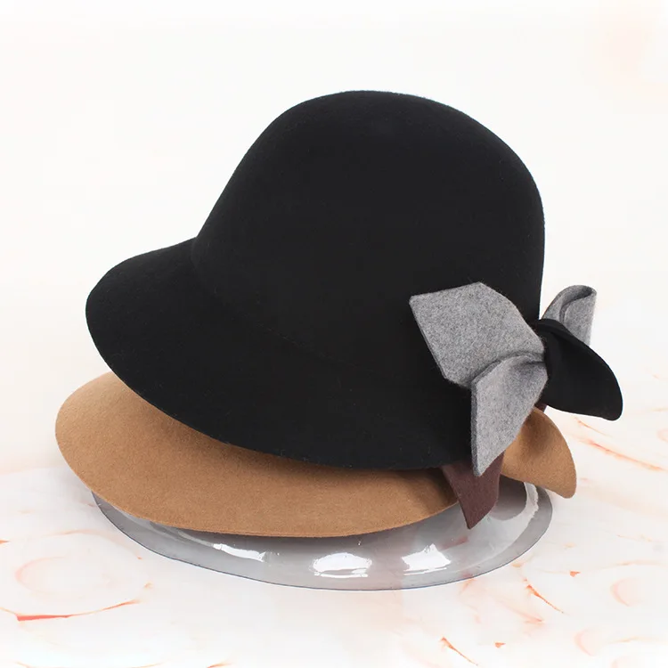 

2022 Wool Hat Bowknot Basin Hat Elegant Female British Wind Tide Fisherman Hat Luxury Cashmere Hat
