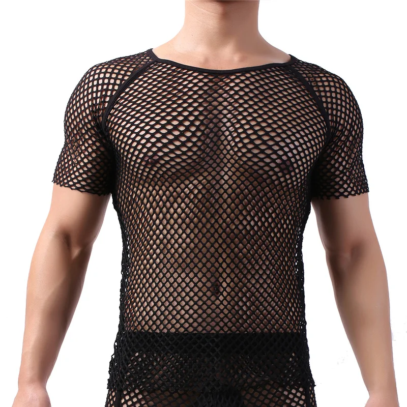 

Sexy Mens Undershirts Mesh See Through T-shirts Short Sleeve Hollow Out T shirts Gay Fitness Tops Homewear Sheer Shirt Underwear
