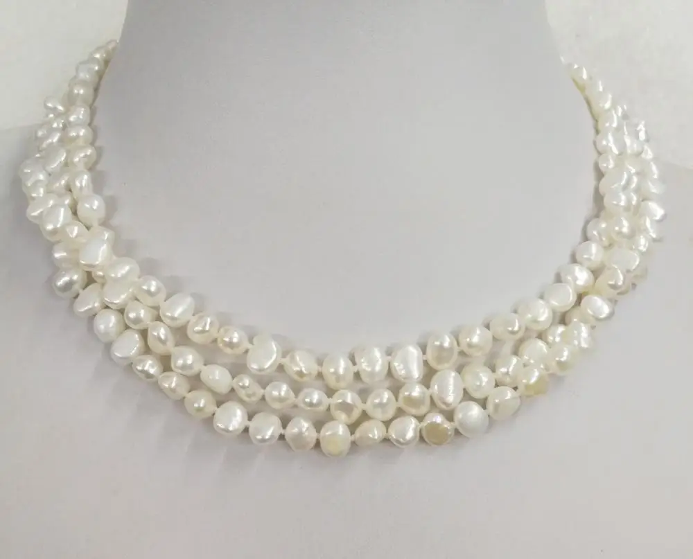 

3 strands 7mm bright white baroque flat real pearl 3 rows necklace natural freshwater pearl Woman Jewelry 43cm 17'' 14'' 35cm