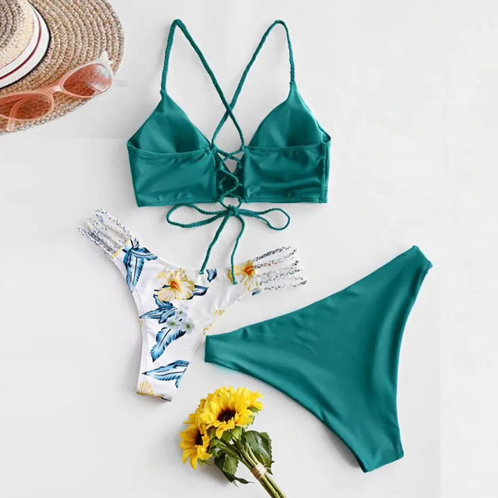 Женские Купальники однотонного цвета с цветочным принтом летний комплект