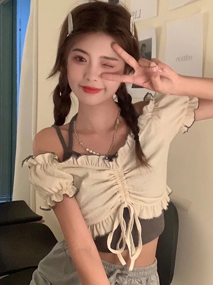 Милая футболка шикарный топ на одно плечо Женская Маленькая кружевная белая