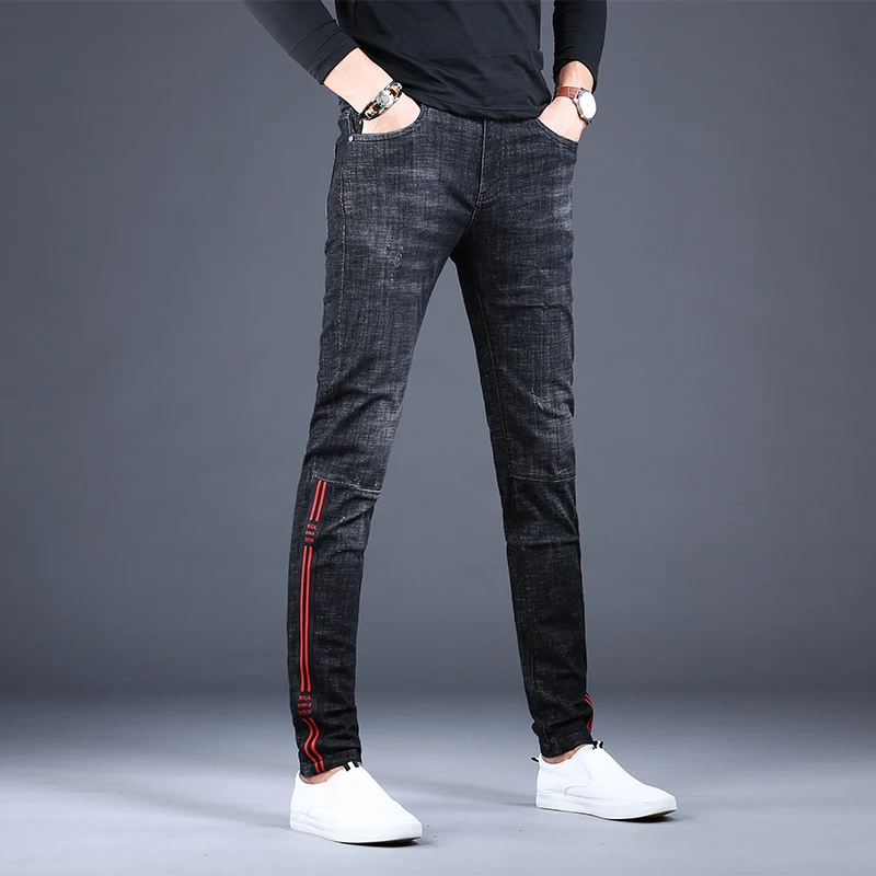 Men Black Jeans Fashion Side Stripe Slim Fit Pencil Pants Korean Style Casual Stretch Denim Trousers