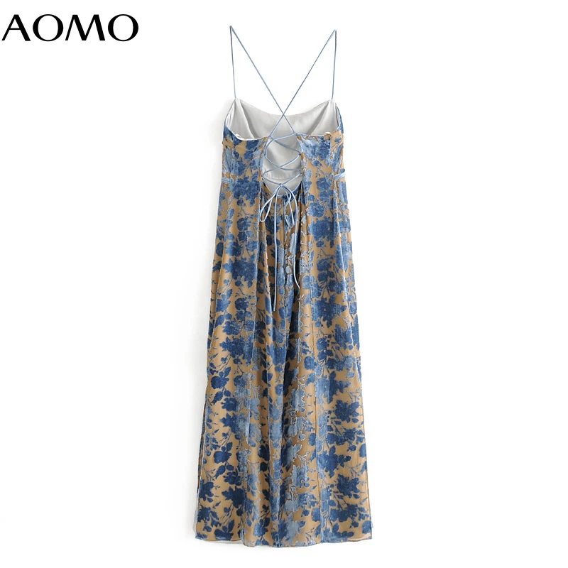 

AOMO women floral velvet party dress lace up strap sleeveless backless females long dresses vestidos 3H597A