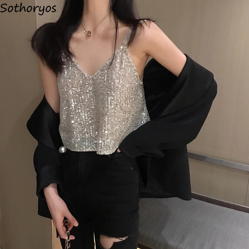 

Camis Women Sequined Crop Tops Sexy Fashion Hot Clubwear Spaghetti Strap Slim Cool French Style Basic All-match Elegant Lovely