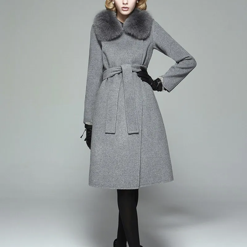 

Italy Top Brand Fox Fur Collar Womens Warm Wool Coat Belted Slim Fit Elegant Lady Overcoat High Quality Winter Female Outerwear