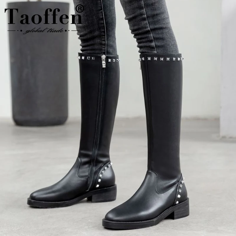 Женские высокие сапоги TAOFFEN теплые до колена из натуральной кожи на молнии с