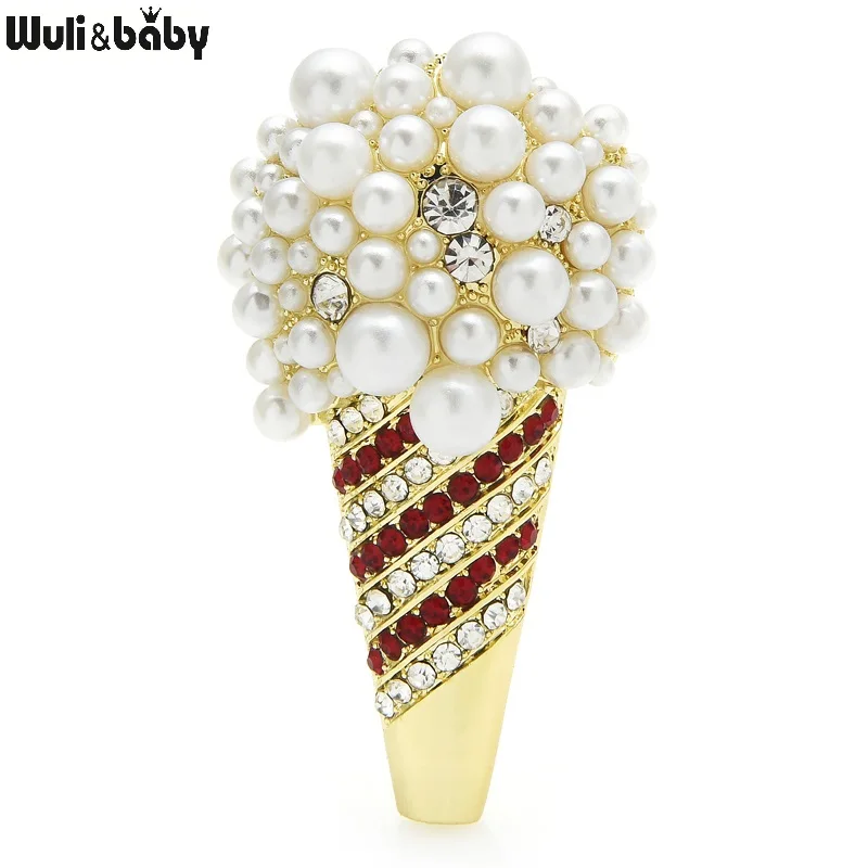 

Wuli&baby Pearl Icecream Brooches Women Men 2-color Deliciouse Rhinestone Ice Cream Party Casual Brooch Pins Gifts