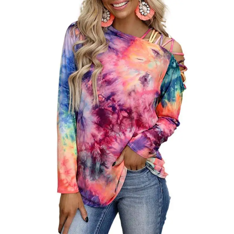 

Hot Tie Dye Crisscross Slash Neck Long Sleeve Blouse Women's Casual Pullover Sweatshirt Soft T-Shirts