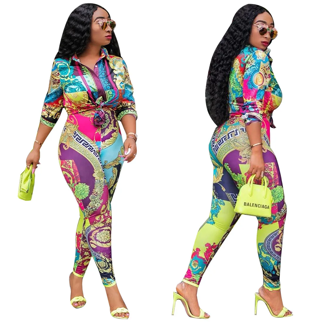 

Printed Two Piece Set for Women Turn Down Collar Single Breasted Matching Tracksuit Shirt Top and Trousers Suit Casual Outfit
