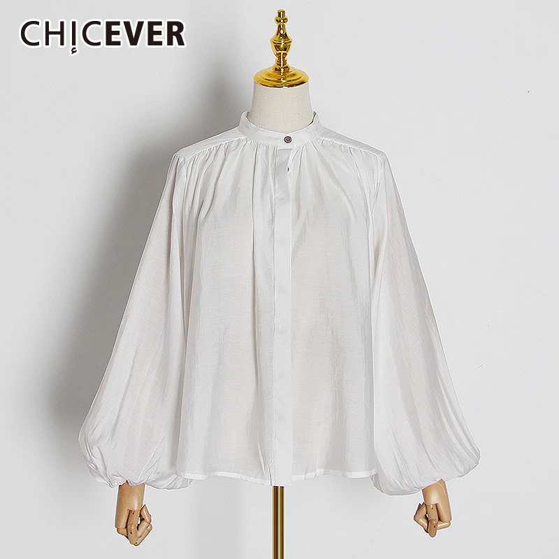 

CHICEVER Casual White Ruched Blouses For Women Stand Collar Lantern Long Sleeve Autumn Shirt Female Fashion Clothes 2020 New