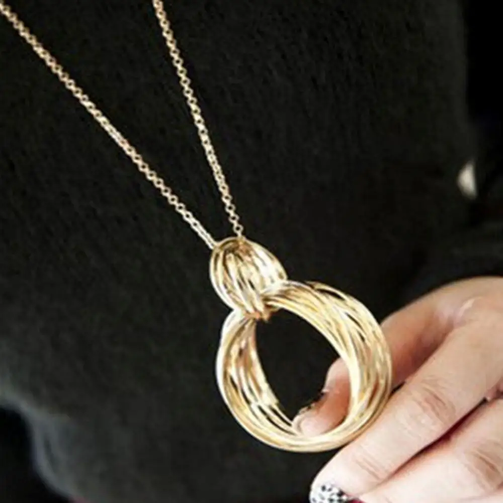 Женская мода золотой тон Мульти плетение обод кольцо подвеска цепочка длинное