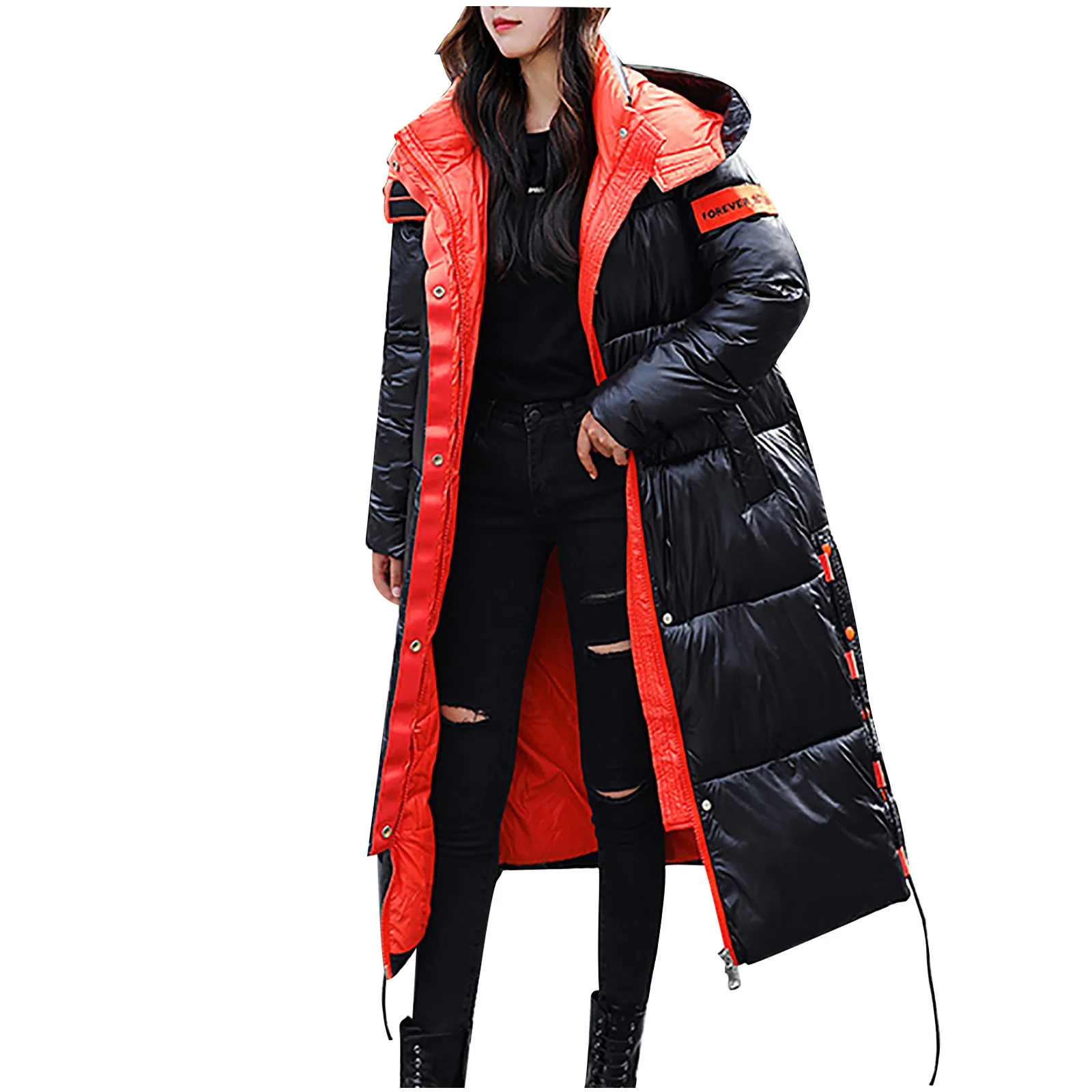 

Women's Winter Fashion Glossy Long Over-The-Knee Hooded Thick Padded Jacket Coat Hooded Padded Warm Padded Jacket