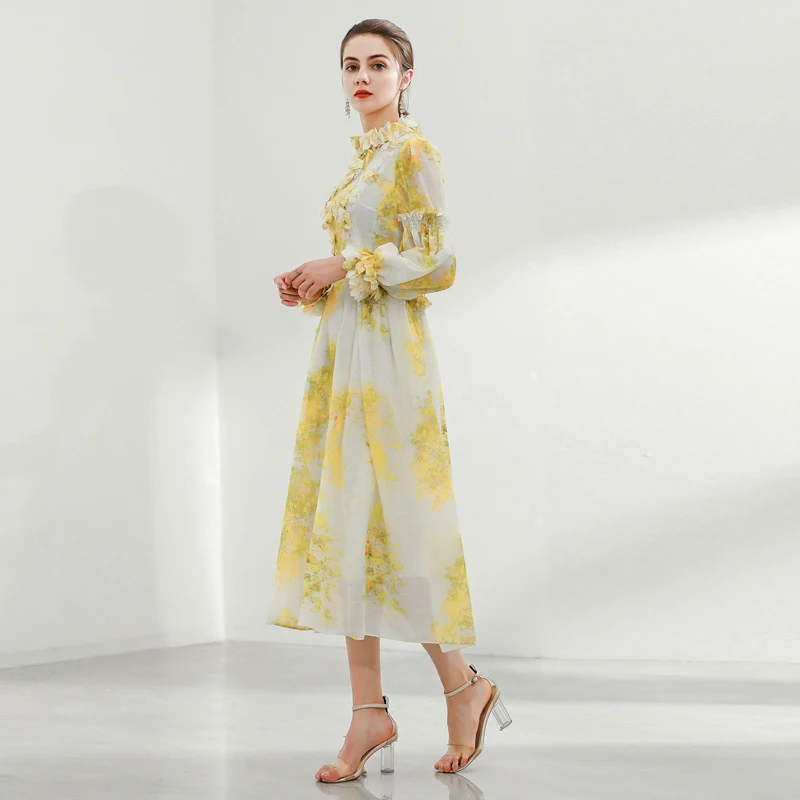 

Gorgeous Runway High Quality New Women'S Fashion Party Elegant Chic Gentlewoman Appliques Lantern Sleeve Midi Dress