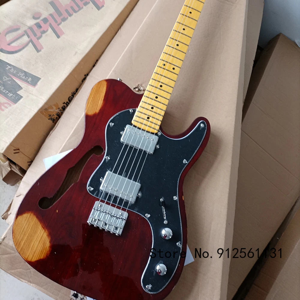 

Бесплатная доставка, 6 струн, винно-красная Ретро электрическая гитара с полуполым корпусом, Кленовая подставка