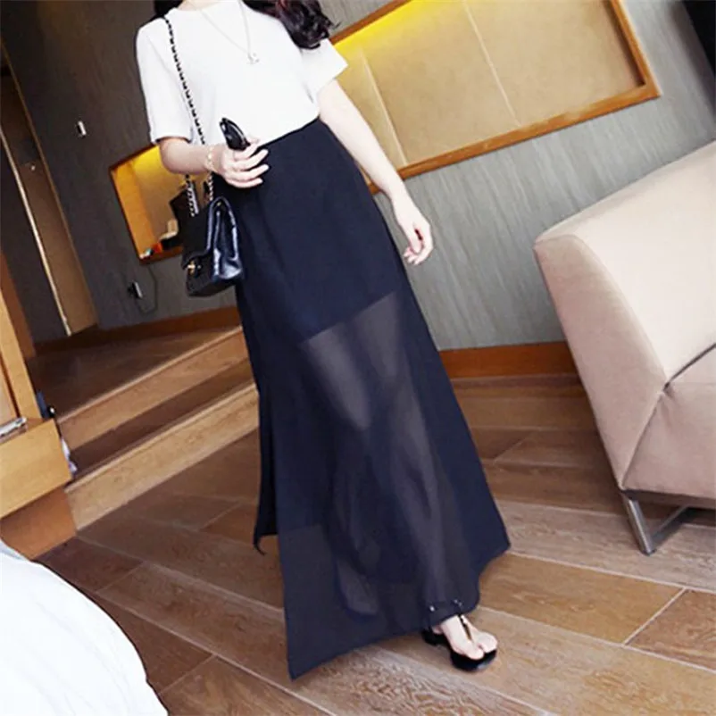 

Women Solid Chiffon Long Skirt Ankle-Length Beach Skirts Casual Loose Straight Split Sexy Skirts 10 colors