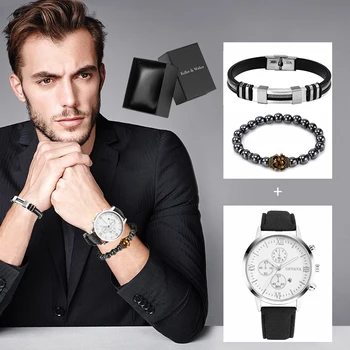 Bracelet Watch Gift Set for Man Leather Quartz Watch with Calendar Dial Men's Black Elastic Chains Anniversary Gift to Husband Other Image