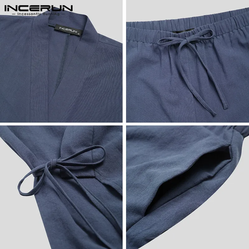 

INCERUN Solid Color Men Pajamas Sets Kimono Cotton Lace Up Half Sleeve V Neck Harajuku Sleepwear Shorts Nightwear Sets Homewear