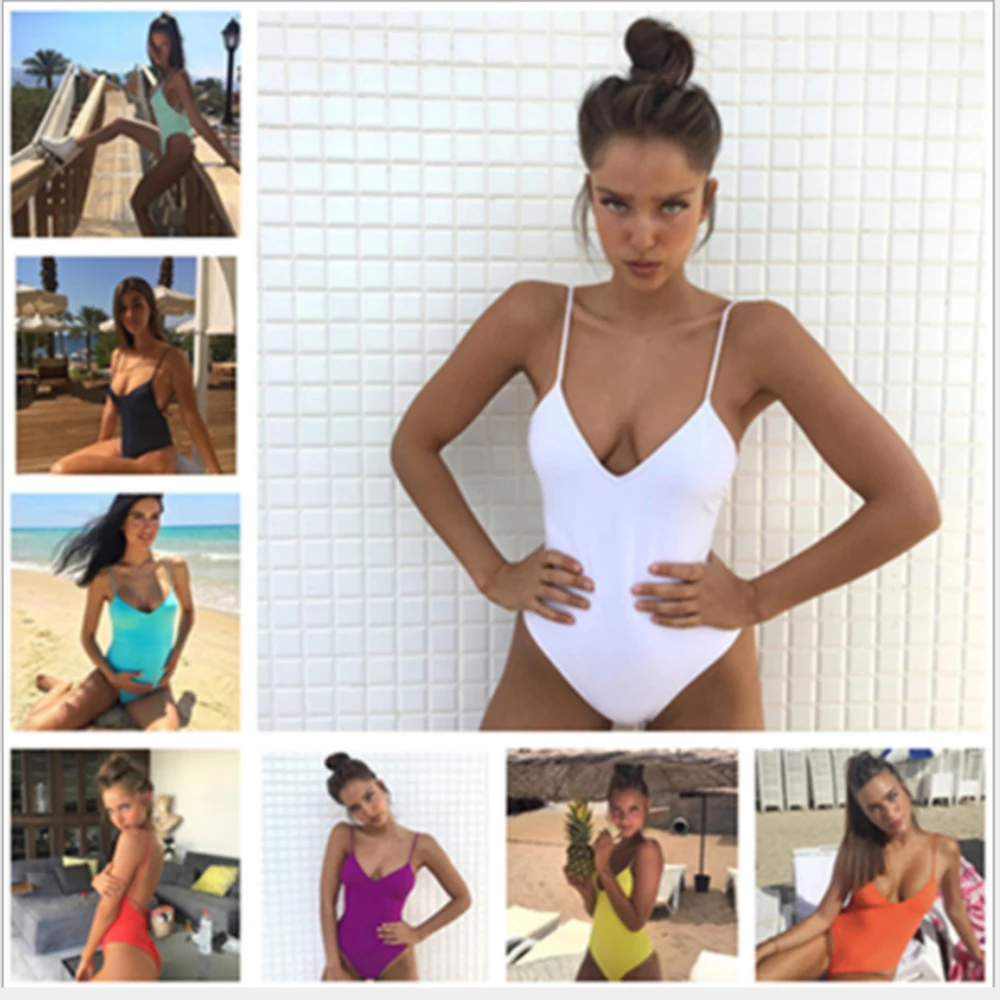 Стринги сексуальный цельный купальник Одноцветный женский черный белый