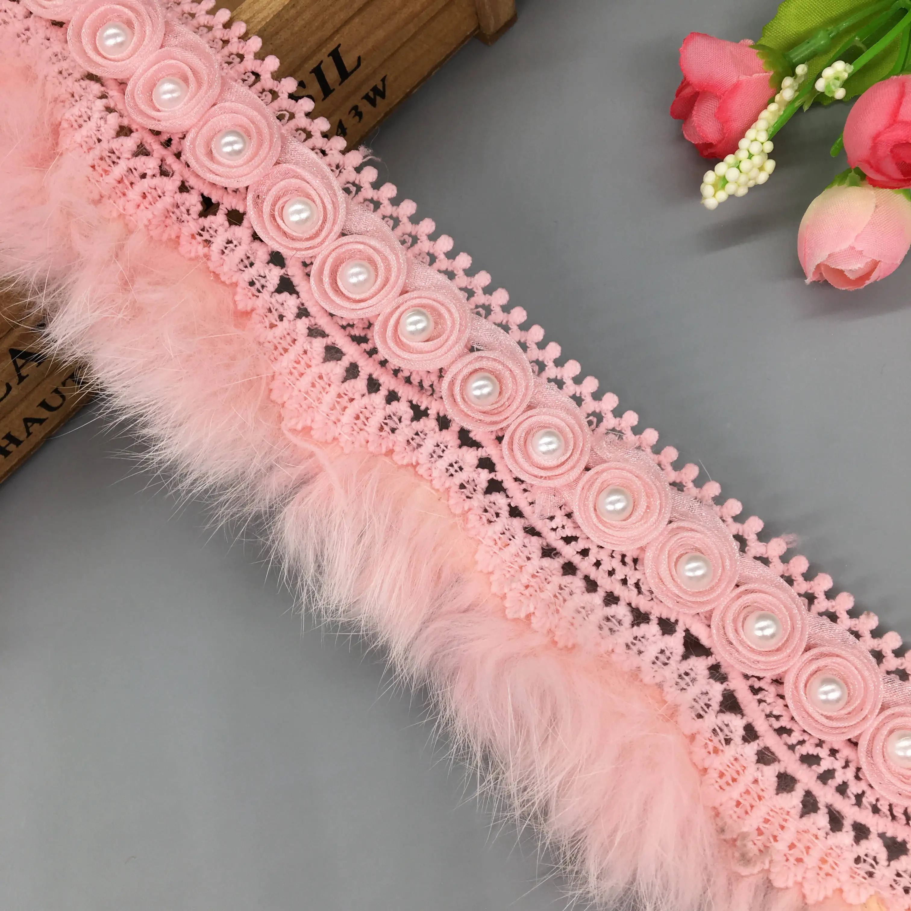 1 Yd розовый искусственный мех Pom 3D цветок лист кружевной отделкой ленты ткань