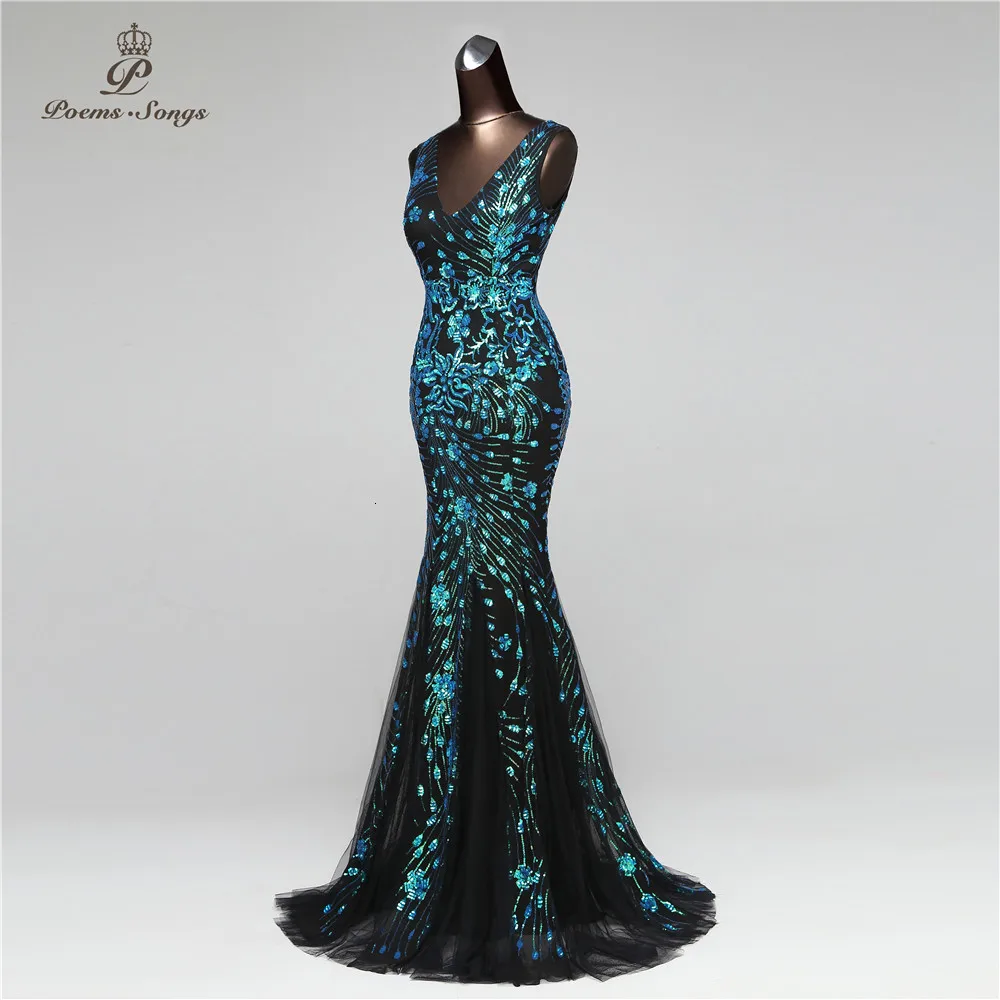 Poems Songs New Double-V Mermaid Evening Dress prom gowns Formal Party dress vestido de festa Elegant Vintage robe longue