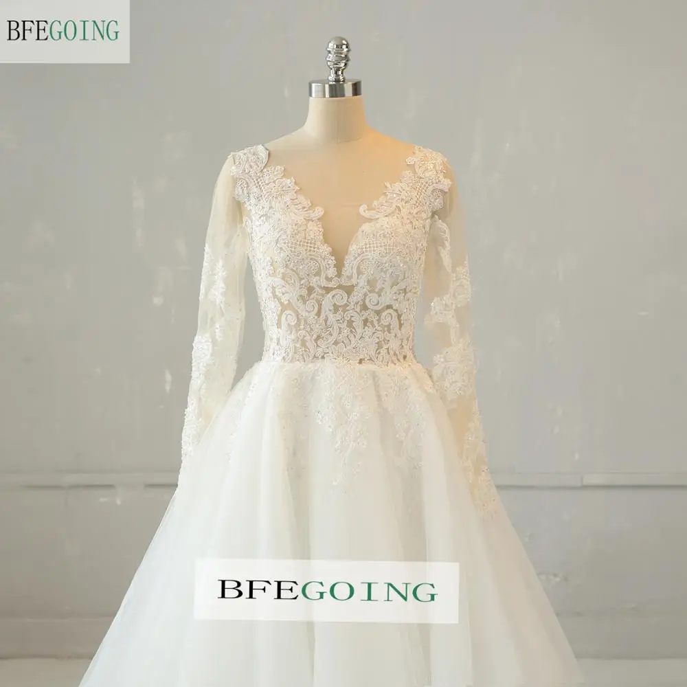 Ivory Organza Lace Appliques Beading V-Neck Long Sleeves Floor-Length A-Line Wedding Dress Chapel Train Custom Made | Свадьбы и