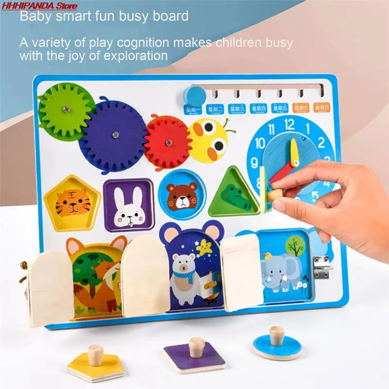 

Wooden Montessori Busy Board Clock Unlock Enlightenment Educational Aids Toys