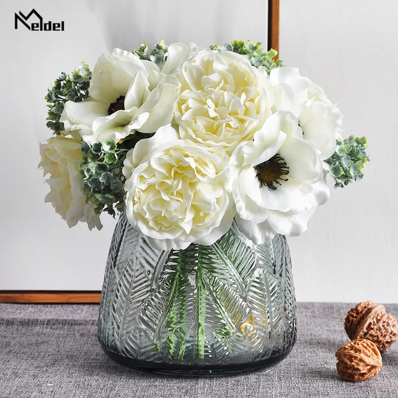 

Нордический Букет пионов Meldel, искусственный цветок для невесты, подружки невесты, искусственные цветы, простой свадебный букет, белый анемо...