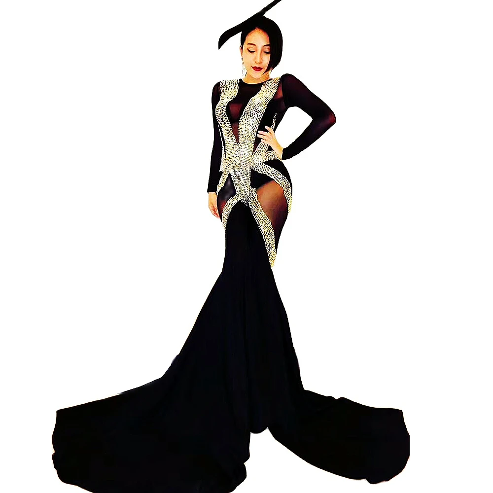 

Glistening Diamonds Fashion Dress Mesh Perspective Black Women Long Trailing Dress Prom Party Birthday Celebrate Costumes