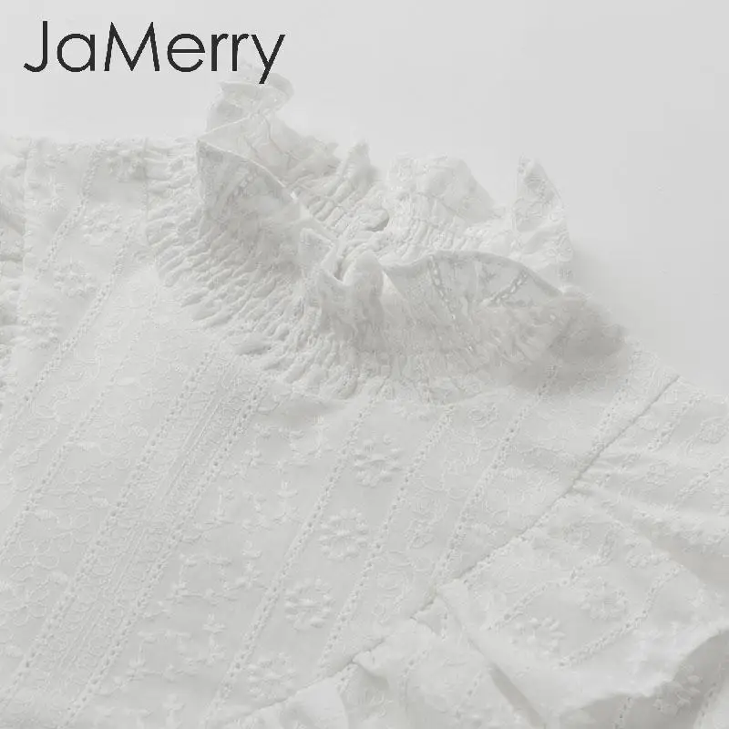 Женская хлопковая блузка с оборками JaMerry элегантная офисная белая воротником