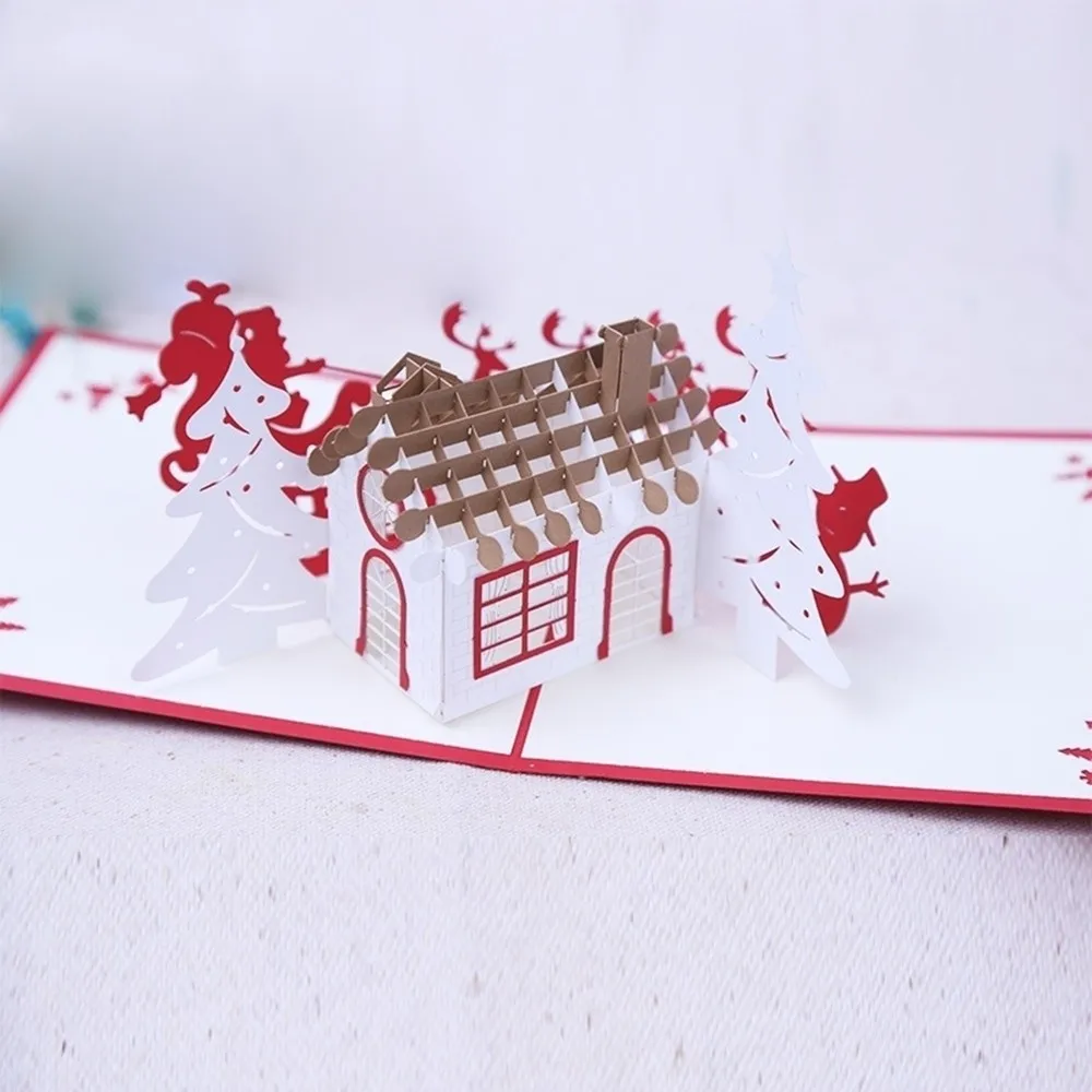 Deer And House Christmas Card Creative 3D Handmade Greeting Cards Gift For Friends/Children/Lovers |