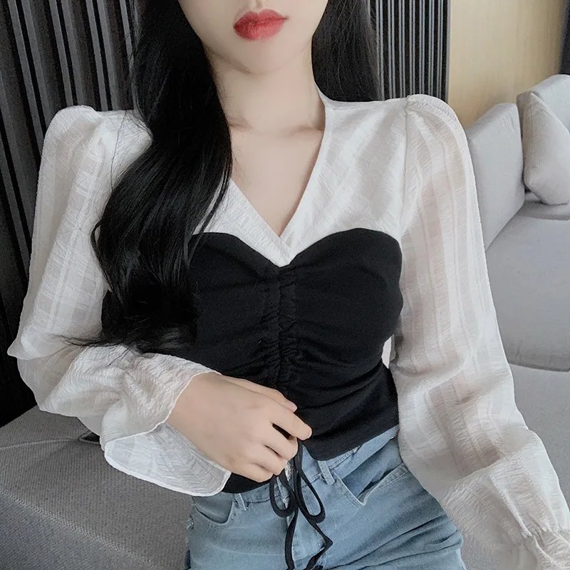 

Jlong Women Drawstring Puff Sleeve Blouse Female Short Sexy V Neck Long Sleeve Blouses Tops