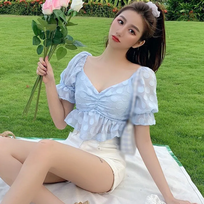 

Women Blouses Korean v-Neck Polka Dot Puff Sleeves Shirts Tops Slim Sexy Shirt Top One Size Vetements Femmes