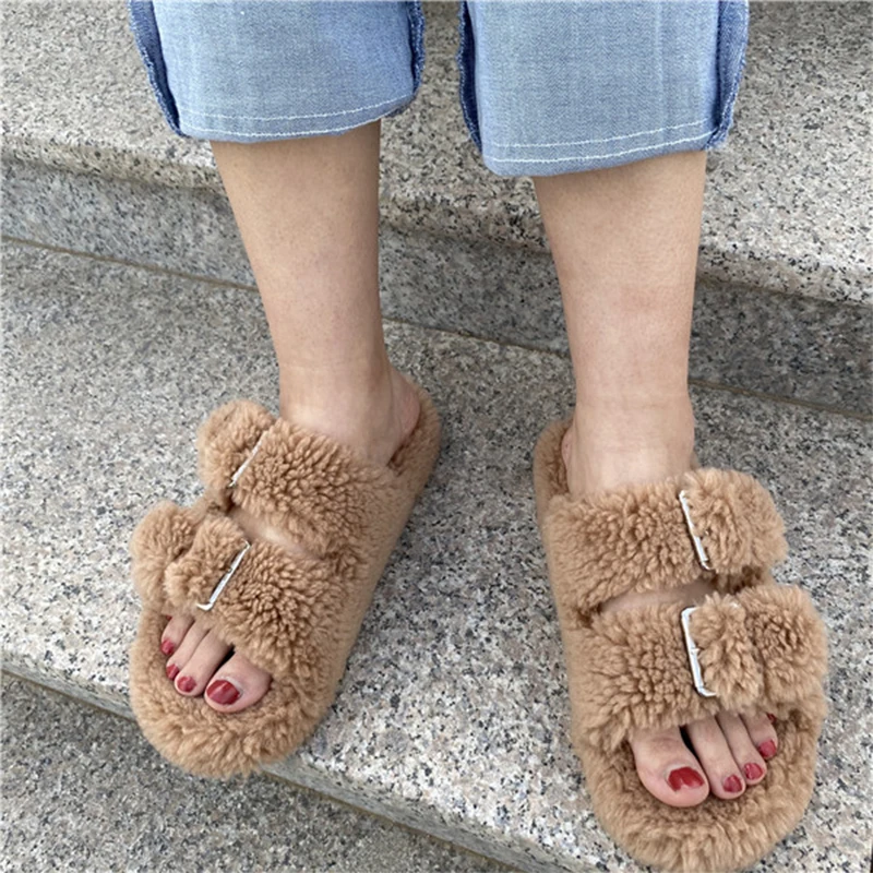 2022 New Women's Slippers  Fashion Fur Slippers High Quality Household Plush Slides Fluffy Warm Open-tode Women Shoes