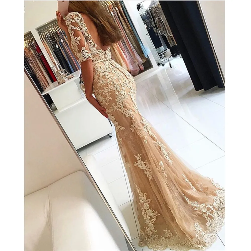 HONGFUYU Lace Champagne Evening Dresses Half Sleeves Mermaid Party Prom Dress Women's Formal vestido de festa Appliques | Свадьбы и