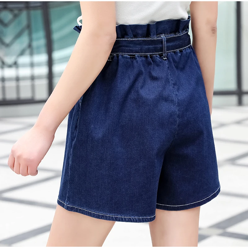 Женские короткие джинсы с высокой талией и бантом лента завязкой большие размеры