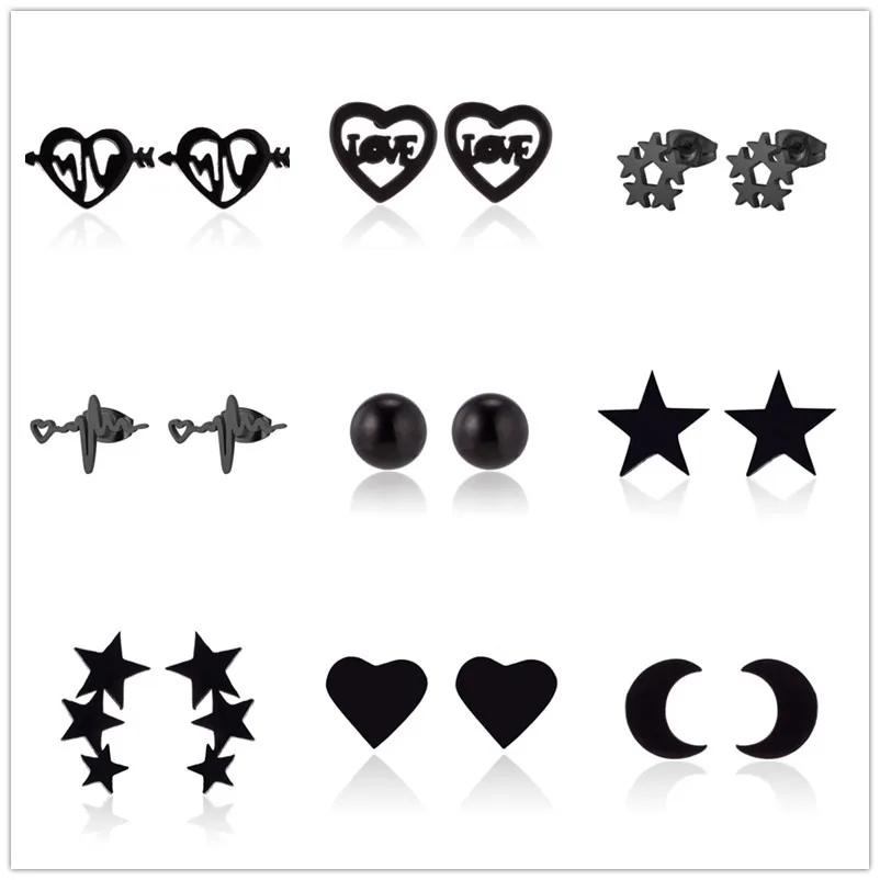 Серьги гвоздики в форме сердца черные гипоаллергенные серьги из нержавеющей