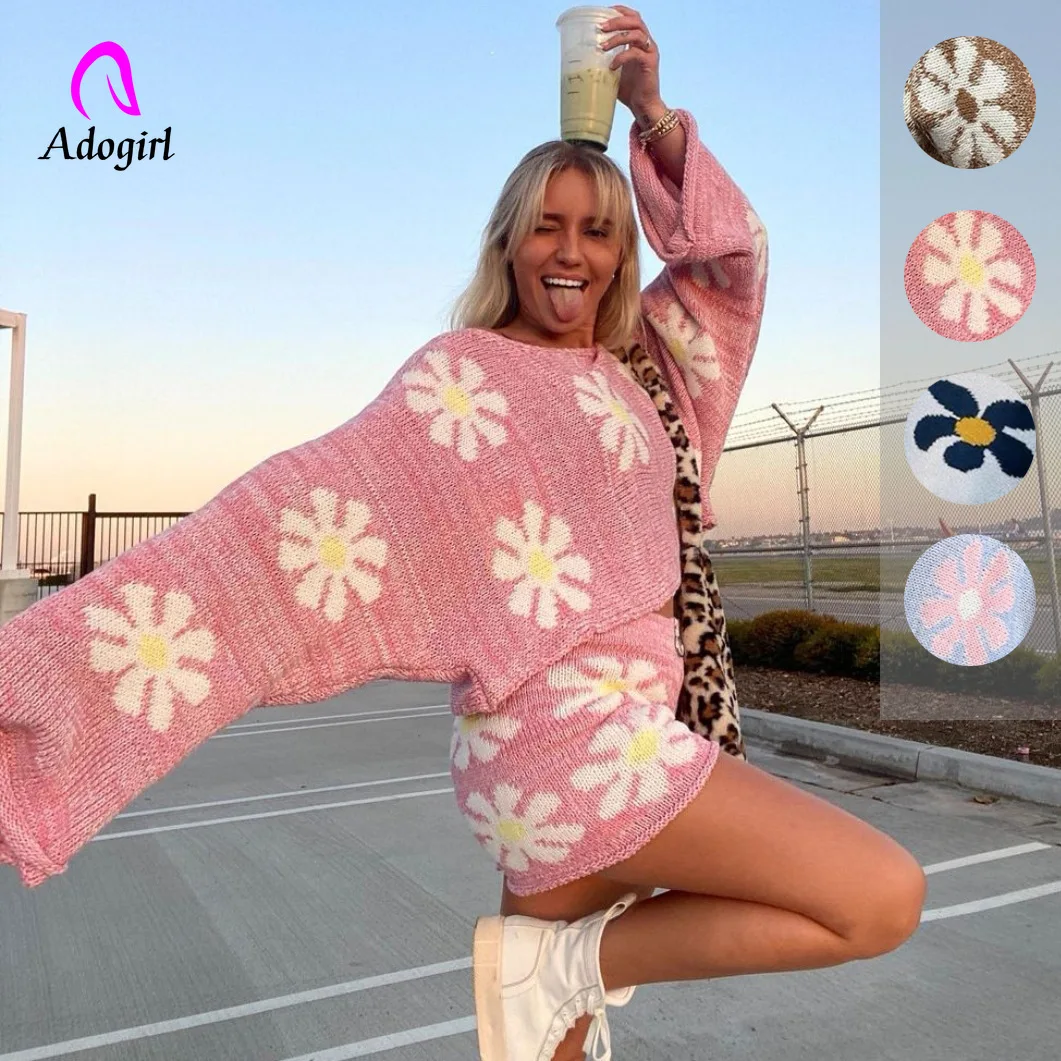 

Sweater Women 2 Piece Set Floral Long Sleeve Loose Top + Slim Shorts Matching Set 2021 Autumn Fashion Clothing Workout Tracksuit