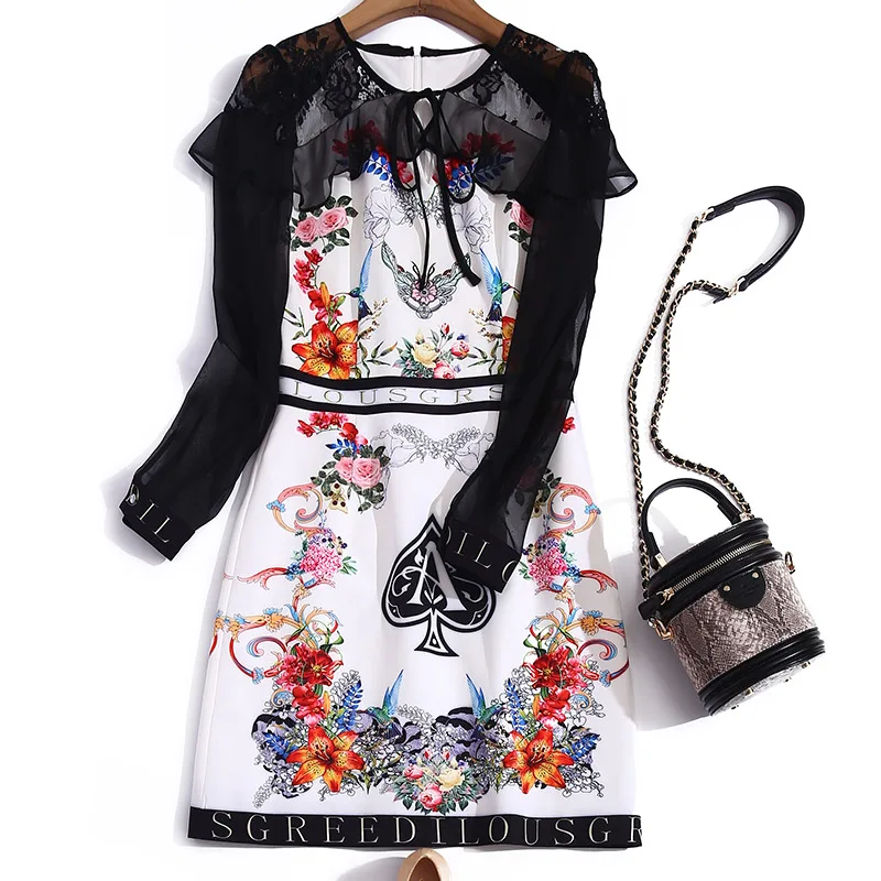 

2021 spring new women's Blended printing letters with Lace Chiffon Long Sleeve slim mid waist lady dress