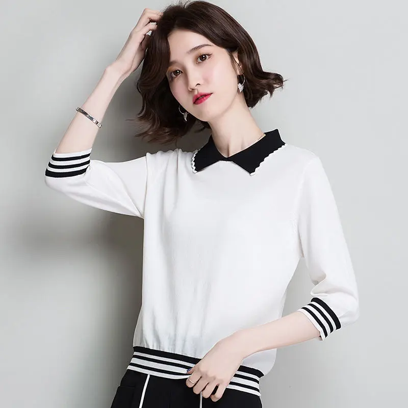 

Spring Summer Style Women Knitted Pullover Tops Lady Casual Peter Pan Collar knitted Sweater Pullover ZZ0969